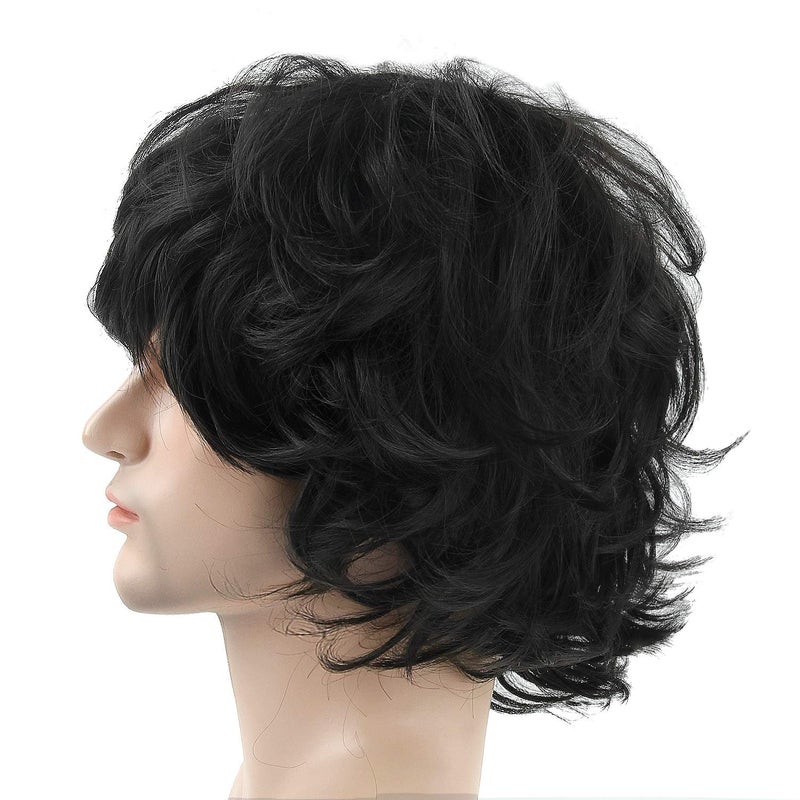 Acecharming Men Black Wig, Short Wavy Shaggy Style Layered Wig for Halloween Costumes Cosplay with Wig Cap - Image 4